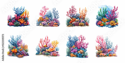 Watercolor set of sea coral reefs and water bodies. Underwater sea and ocean plants. Seabed and plants concept. Vector illustration.