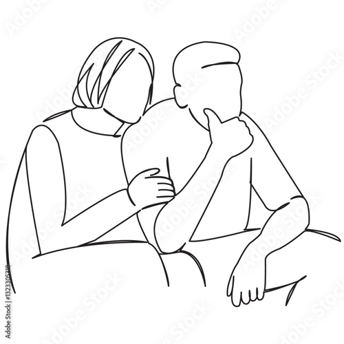 One continuous single drawing line art flat doodle sofa, people, watching, love, couple, home, together, tv, movie. Isolated image hand draw contour on a white background
