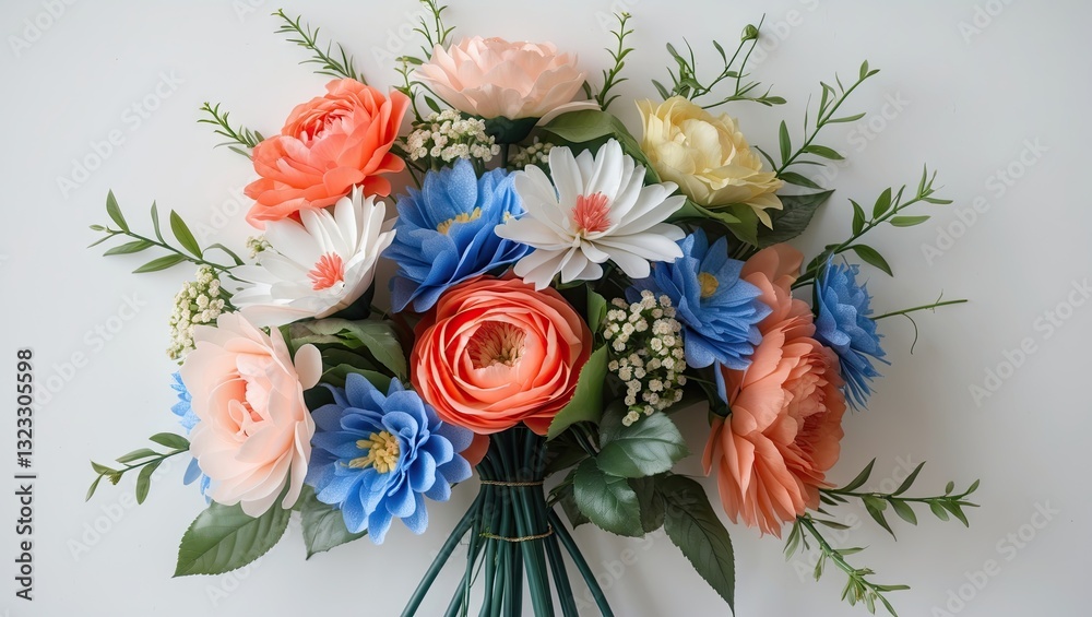 Obraz premium Colorful arrangement of artificial flowers featuring peach roses blue daisies and green foliage on a clean white background creating a vibrant display