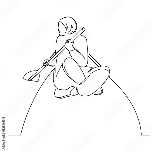 One continuous single drawing line art flat doodle summer, kayak, boat, girl, vacation, lake, sport. Isolated image hand draw contour on a white background
