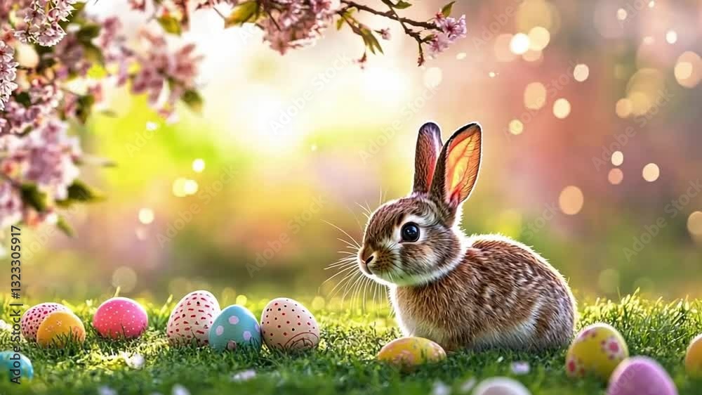 Easter Bunny and Eggs: A cute Easter bunny sits among decorated eggs, surrounded by spring blossoms and lush grass, creating a scene of joy and renewal.