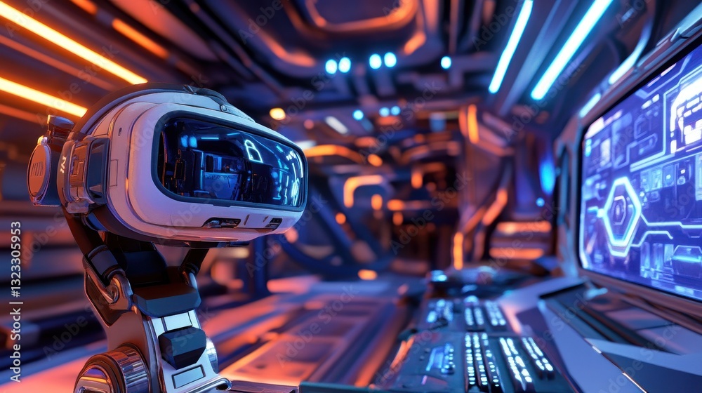 Fototapeta premium Futuristic VR headset on robotic arm in spaceship control room