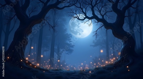 A Moonlit Path Through An Enchanted Forest, Glowing With Fireflies Under A Serene Full Moon, In Cool Blues And Deep Shadows