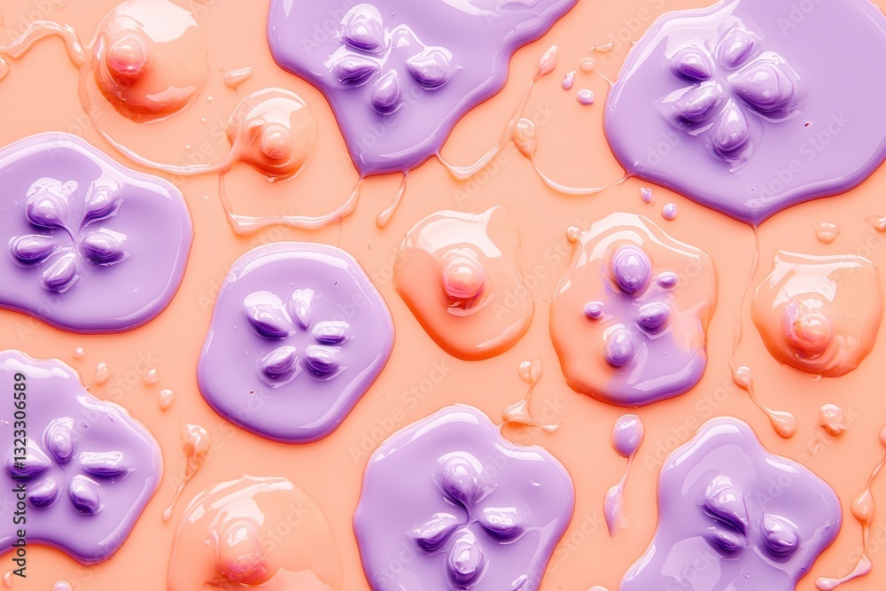 Peach and lavender paint drops forming cute patterns.