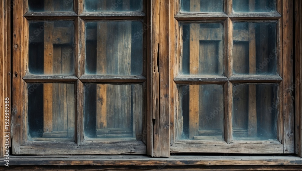 Aged wooden window with eight panes in varying tones of brown, showcasing rustic textures and reflections against a textured wooden backdrop. Aged wooden window with eight panes in varying tones of brown, showcasing rustic textures and reflections against a textured wooden backdrop.