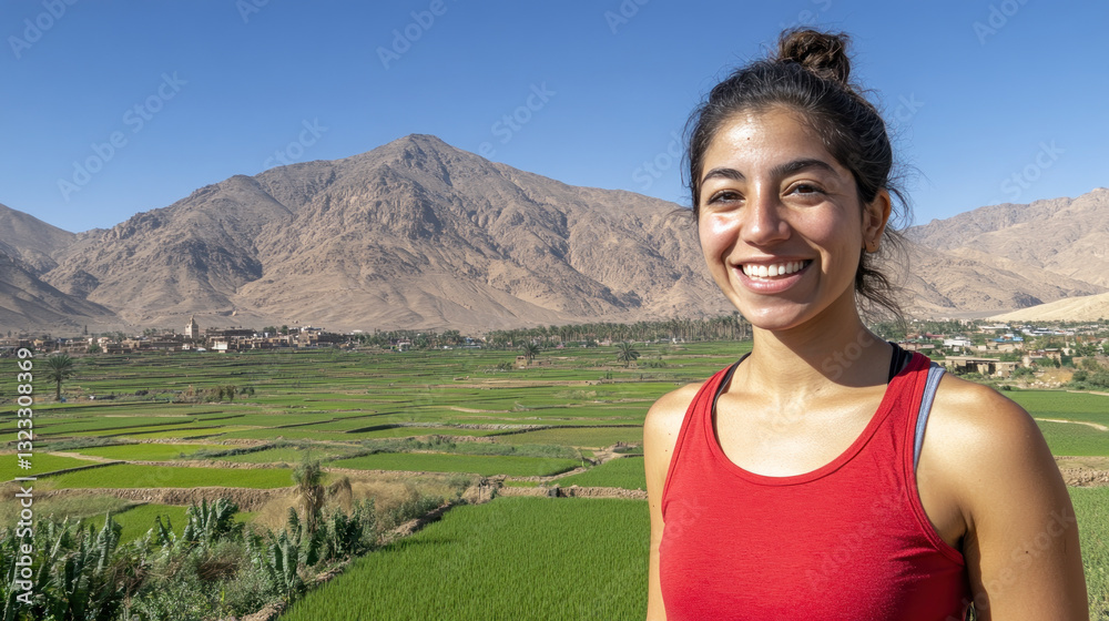 Obraz premium Arabian woman in red t-shirt smiling enjoying outdoor activity at rice field and terraces in the mountain