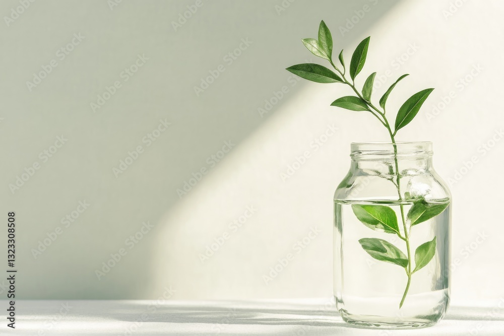Tiny Green Branch Thriving in a Clear Jar Filled With Water on a Softly Lit Surface Tiny Green Branch Thriving in a Clear Jar Filled With Water on a Softly Lit Surface