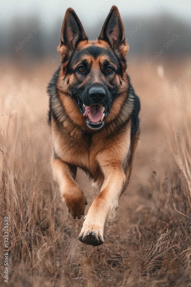 German Shepherd dog in action during police duty in rural landscape showing keen focus and agility. National Purebred Dog Day