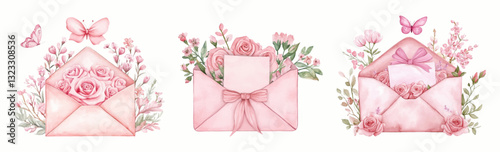 Watercolor set of pink envelopes with flowers. Watercolor pink envelopes with a postcard decorated with pink rose flowers and other flowers, over which butterflies circle. 