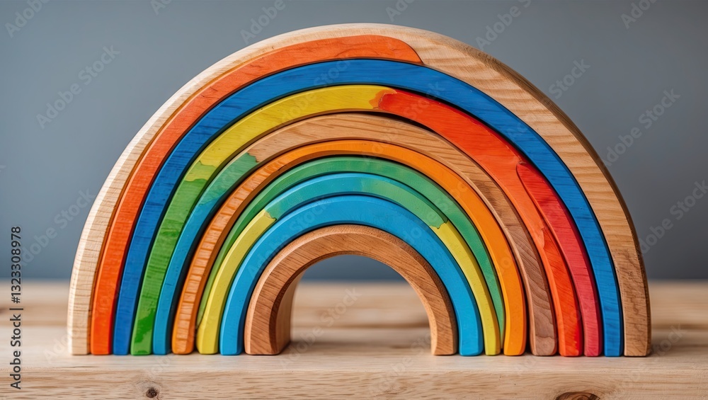 Fototapeta premium Colorful wooden rainbow toy with vibrant blue, green, yellow, orange, and red arcs arranged in an arch over a light wooden surface.