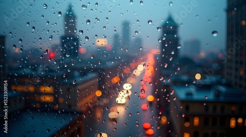 Rainy City Night Viewed Through A Rain-streaked Window, A Tranquil Urban Scene With Blurred Lights And Soft Focus