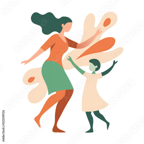 Mother and Child Dancing in Abstract Brush Strokes PNG Illustration