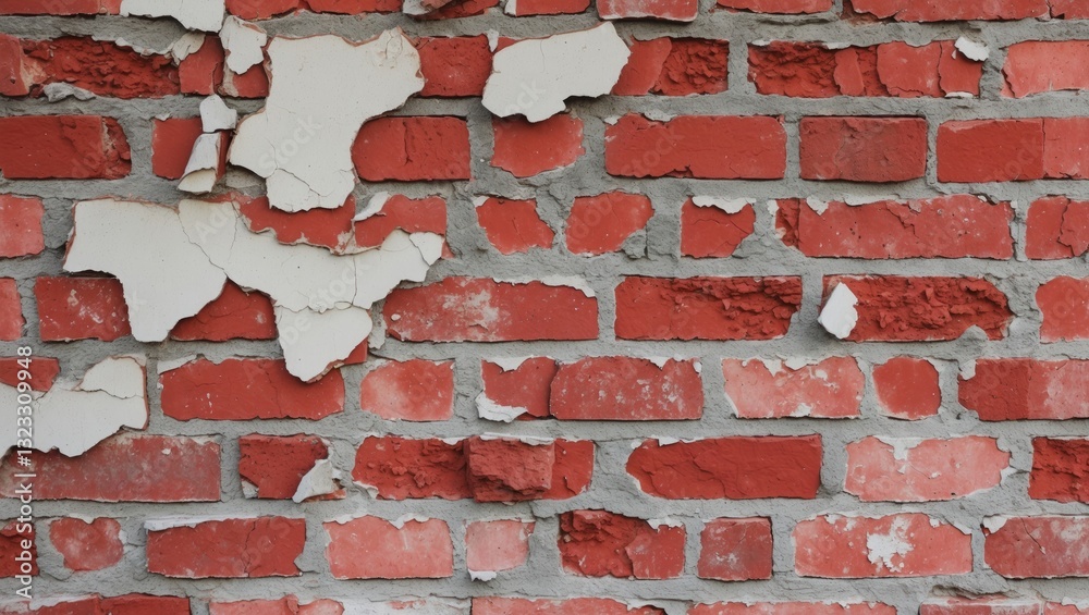 Aged red brick wall with peeling plaster in warm tones, showcasing rich textures and irregular patterns of peeling paint against a rustic backdrop. Aged red brick wall with peeling plaster in warm tones, showcasing rich textures and irregular patterns of peeling paint against a rustic backdrop.