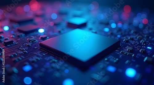 The Heart Of Innovation Pulses With Blue And Pink Light, A Powerful Microchip At The Center Of A Complex Technological Network, Glowing With Potential