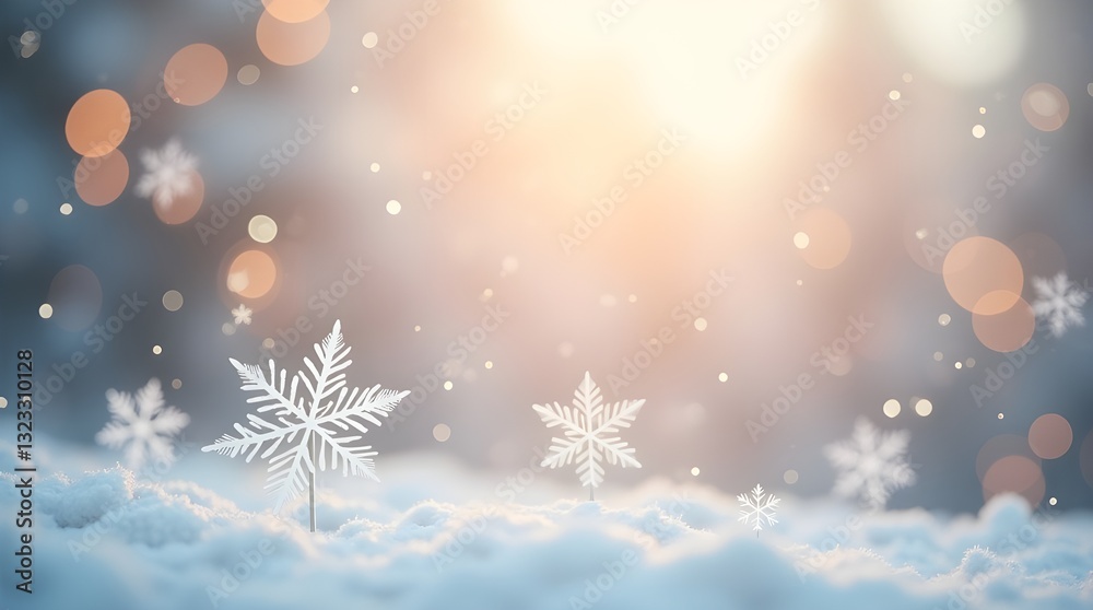Naklejka premium Winters Gentle Embrace, Delicate Snowflakes Nestled In A Soft, Snowy Landscape Bathed In Warm, Golden Sunlight