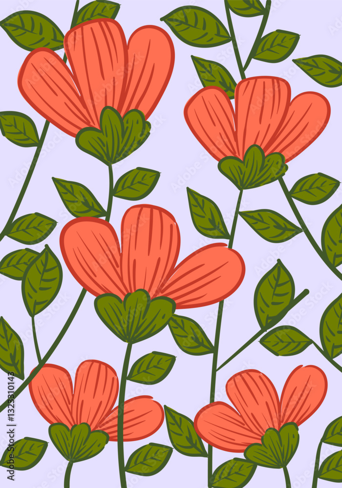 Obraz premium Floral pattern with bright color flowers and leaves hand drawn vector illustration. Nature, plants design for textile, fashion, wallpaper, art and background.
