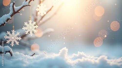 Winters Gentle Embrace, Delicate Snowflakes Adorn A Snow-covered Branch In Soft, Warm Sunlight, Creating A Serene Winter Wonderland Scene