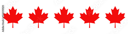 Banner with 5 official red maple leaves of Canada lined up in a row, isolated on a transparent background. Perfect for Canada Day, national celebrations and patriotic designs. Vector illustration