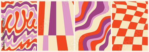 Set of vibrant groovy 70s backgrounds featuring psychedelic waves, swirling patterns, distorted checkerboards, and retro sunburst rays. Vector art illustrations in trendy color palette