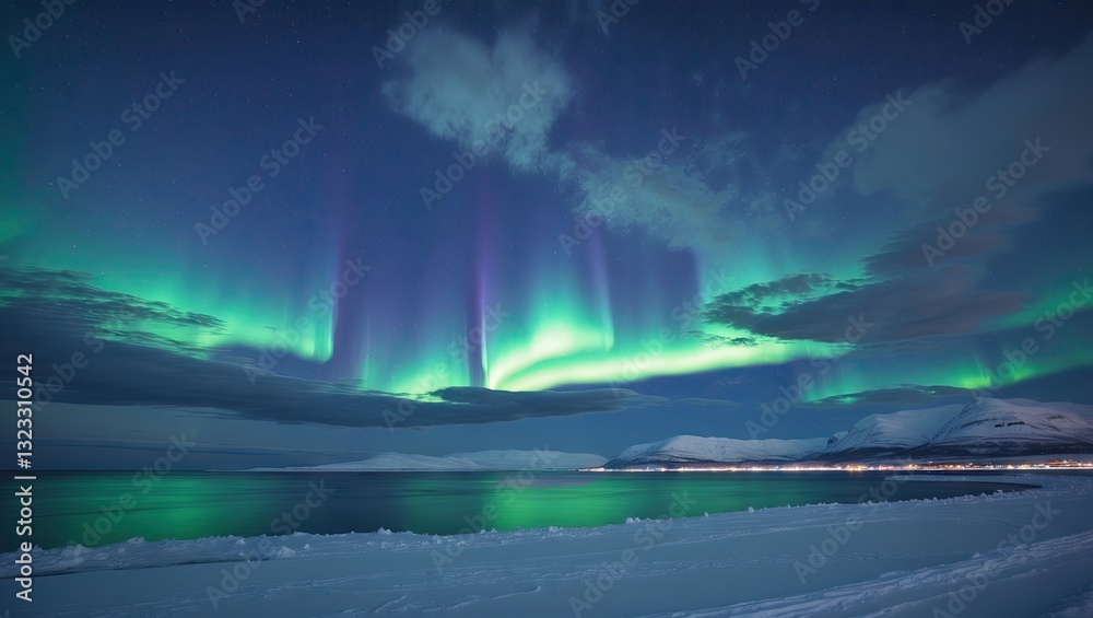 Vibrant aurora borealis illuminating a dark sky over a tranquil sea with snowy foreground, featuring shades of green, purple, and blue. Vibrant aurora borealis illuminating a dark sky over a tranquil sea with snowy foreground, featuring shades of green, purple, and blue.
