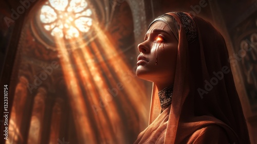 A stunning portrayal of a woman with glowing eyes and tears in a mystic setting, captivating viewers with a fusion of emotion and surreal beauty.