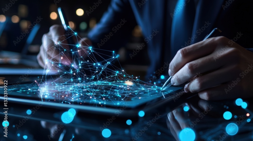 Businessman using stylus pen interacting with holographic data connections while working on digital tablet at night, innovative technology and business solutions concept Businessman using stylus pen interacting with holographic data connections while working on digital tablet at night, innovative technology and business solutions concept