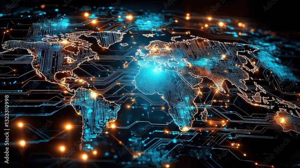 Futuristic global digital network and communication technology map backdrop with abstract circuits data flow and intelligent information technology elements  Concept of worldwide digital intelligence