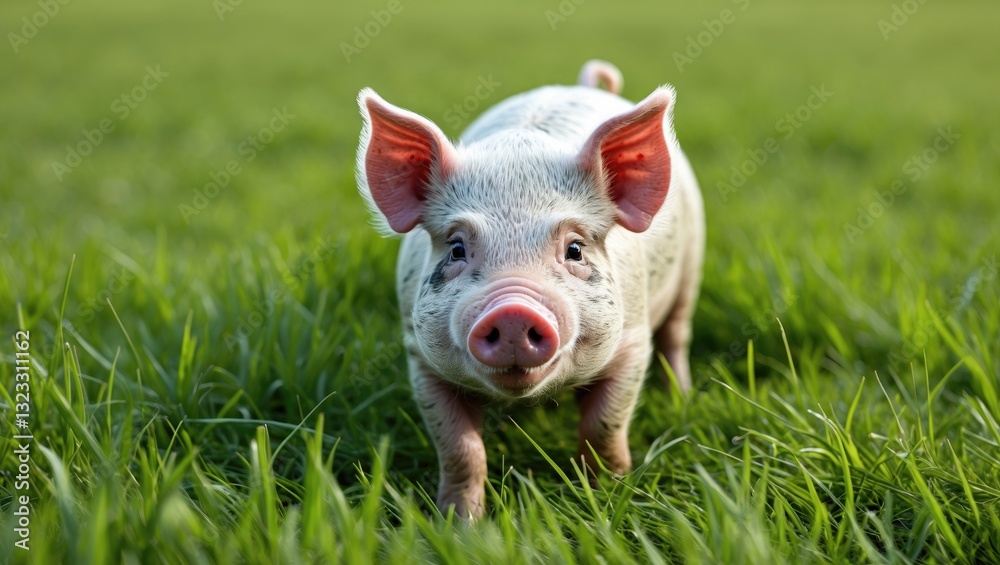 Playful young pig with pink ears and snout standing on lush vibrant green grass clear blue sky background with ample copy space for text or design Playful young pig with pink ears and snout standing on lush vibrant green grass clear blue sky background with ample copy space for text or design