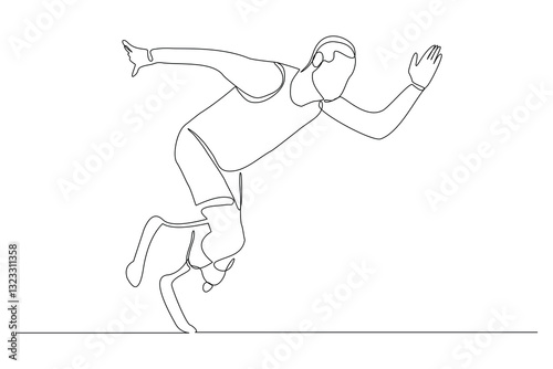 Continuous line of male amputee athlete runner with prosthetic legs run with motivation and passion competition. Single sketch drawing vector illustration 