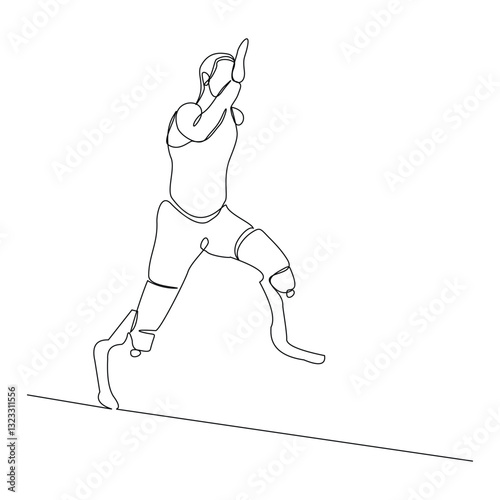 Continuous line of male amputee athlete runner with prosthetic legs run with motivation and passion competition. Single sketch drawing vector illustration 