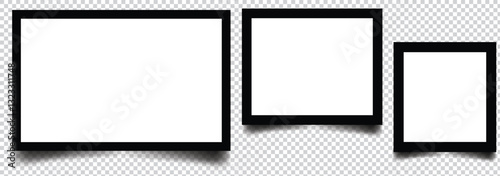 Realistic picture frame mockup black border set. Isolated Black pictures frames mock-up. Home decoration, photography presentation, blank frame mockups. 1176