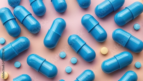 Blue capsules and round yellow tablets scattered on a soft pastel pink and blue background showcasing a vibrant pharmaceutical theme.