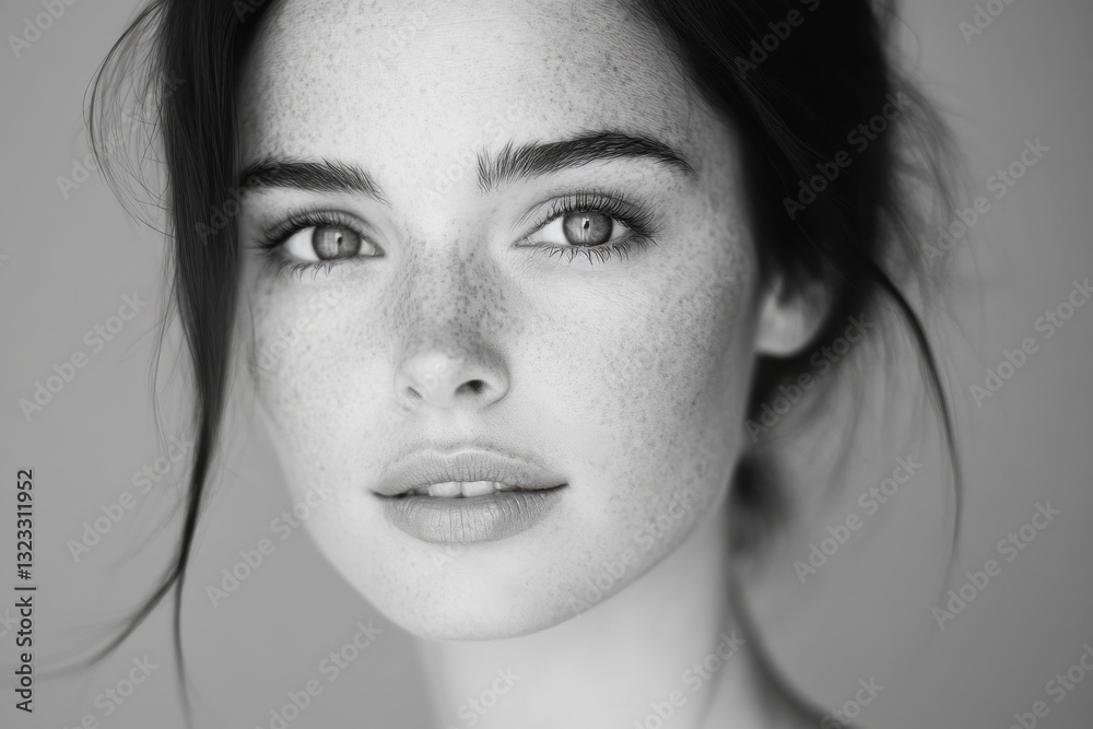 Fototapeta premium Portrait of freckled model showing natural beauty in monochrome