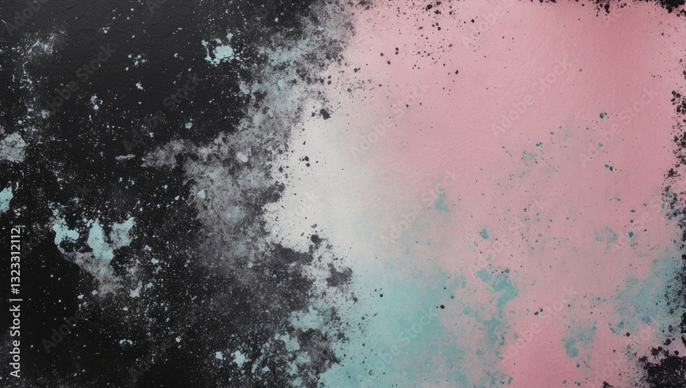 Abstract pastel colors blend on a textured black background featuring pink, white, and mint green splashes creating an artistic composition. Abstract pastel colors blend on a textured black background featuring pink, white, and mint green splashes creating an artistic composition.