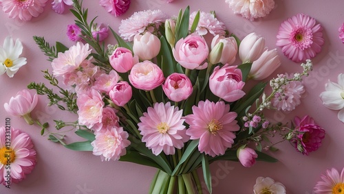 Wallpaper Mural Spring flowers bouquet featuring varying shades of pink including tulips and daisies arranged on a soft pink background with scattered blossoms. Torontodigital.ca