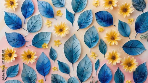 Blue and teal leaves arranged artistically with yellow daisies and small flowers on a soft pastel background showcasing vibrant colors and textures.