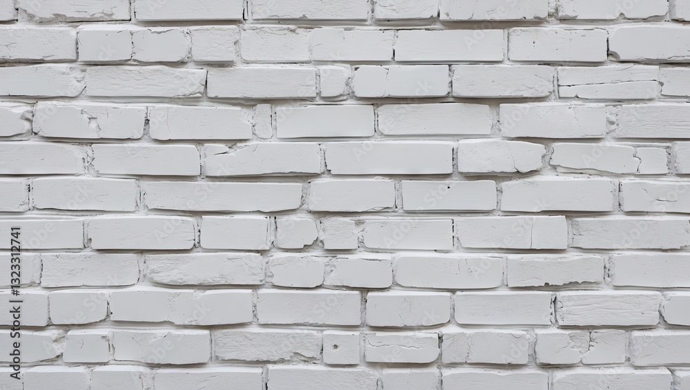 Fototapeta premium Detailed close-up of a textured white brick wall, showcasing a uniform pattern of light gray and white tones, ideal for added text or design elements.