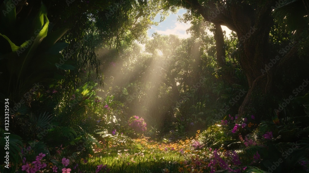 Sunbeams through Lush Tropical Forest Sunbeams through Lush Tropical Forest