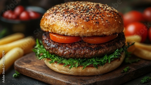 big tasty burger on the wooden table