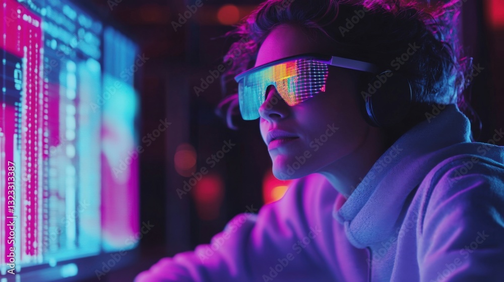 Young professional programmer working on software development project using futuristic glasses and headphones in a neon lit office, focused on analyzing code and data on computer screen Young professional programmer working on software development project using futuristic glasses and headphones in a neon lit office, focused on analyzing code and data on computer screen
