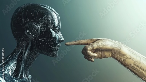 A striking artistic representation of a robotic face reaching for a human hand, symbolizing the evolving relationship between humans and artificial intelligence.
