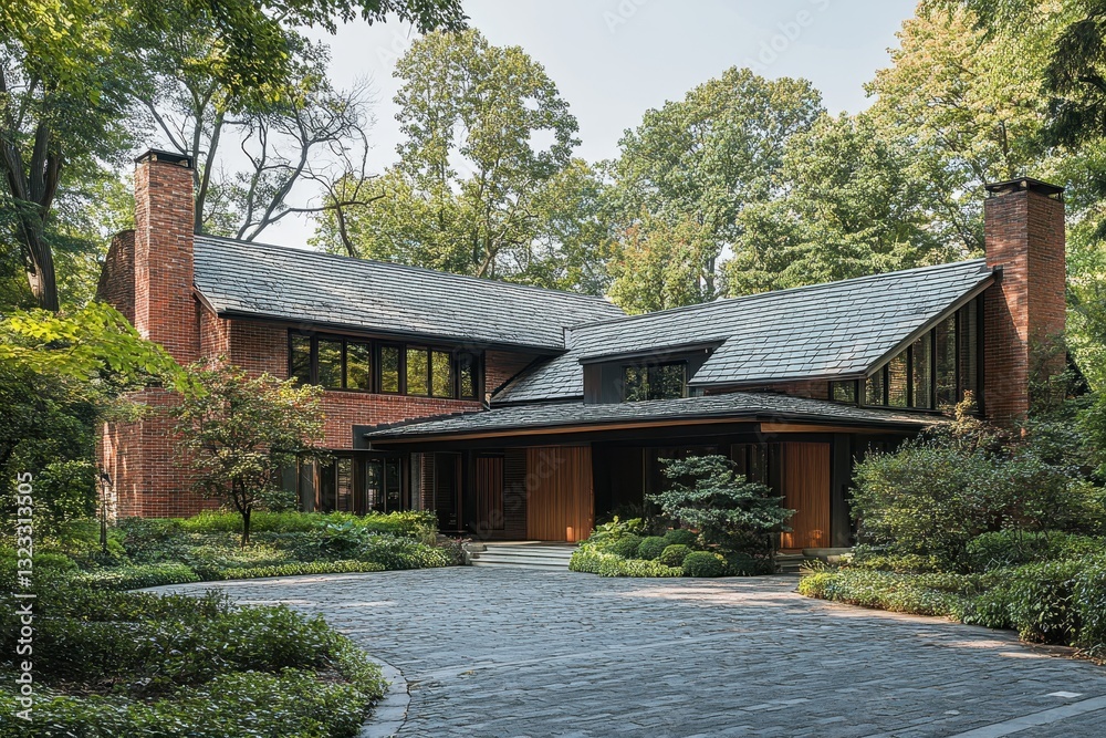 Brick house with slate roof, nestled in lush greenery. Perfect for real estate, architecture, or home design projects. Brick house with slate roof, nestled in lush greenery. Perfect for real estate, architecture, or home design projects.