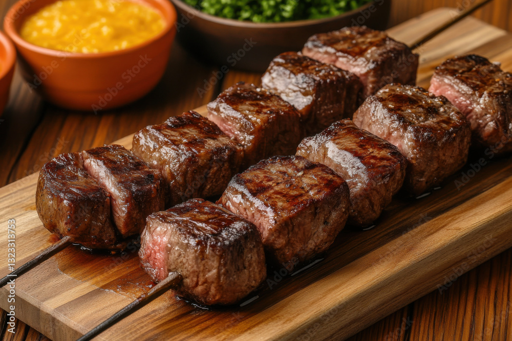 Picanha skewers with farofa and chimichurri on cutting board: brazilian barbecue delight Picanha skewers with farofa and chimichurri on cutting board: brazilian barbecue delight