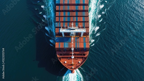 Cargo ship navigating through deep blue waters, featuring colorful stacked containers and white wake trails, aerial view, clear and vibrant composition.