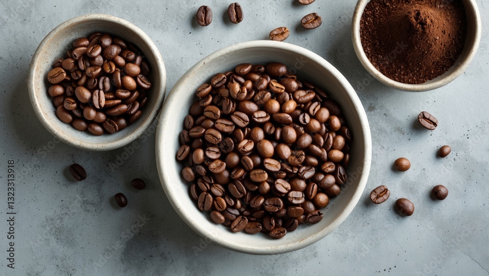 Naklejka premium Bird's-eye view of dark roasted coffee beans in large and small beige bowls with coarse ground coffee on light gray concrete surface