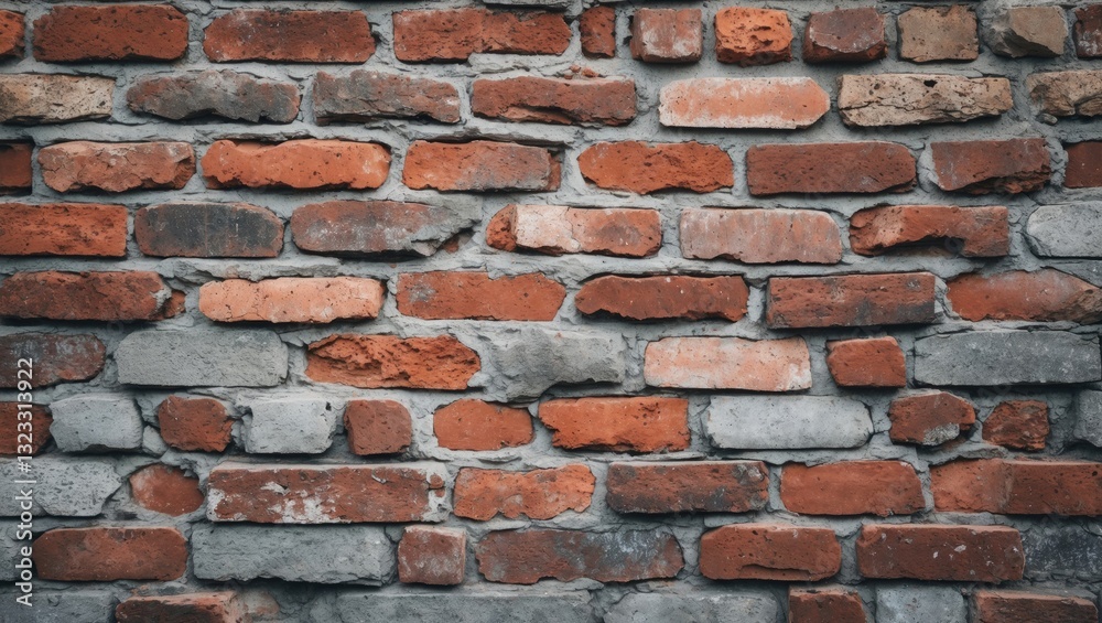 Obraz premium Textured red and gray brick wall with uneven arrangement and mortar joints, creating a rustic background perfect for creative designs.