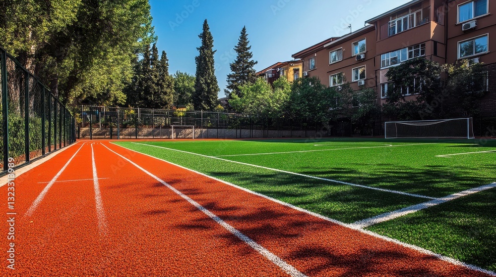 Obraz premium Empty sports field with red running track and green turf surrounded by residential buildings and trees