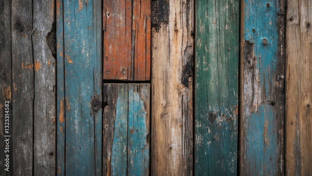 Textured background of aged wooden planks in varying shades of blue, brown, and orange, showcasing a rustic and weathered appearance. Textured background of aged wooden planks in varying shades of blue, brown, and orange, showcasing a rustic and weathered appearance.