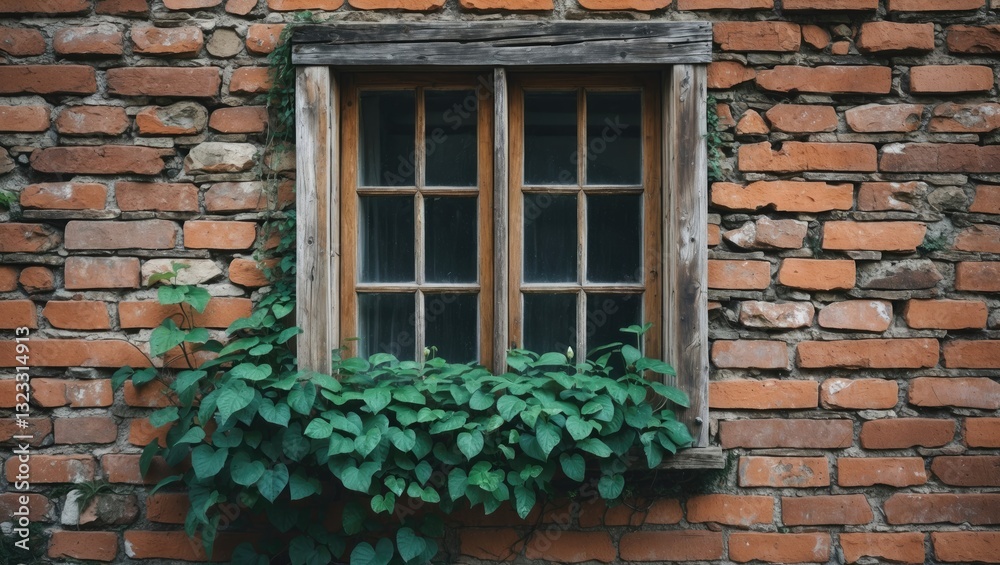Aged wooden window framed by brick wall, adorned with vibrant green foliage, centered in image, creating a rustic and natural ambiance. Aged wooden window framed by brick wall, adorned with vibrant green foliage, centered in image, creating a rustic and natural ambiance.