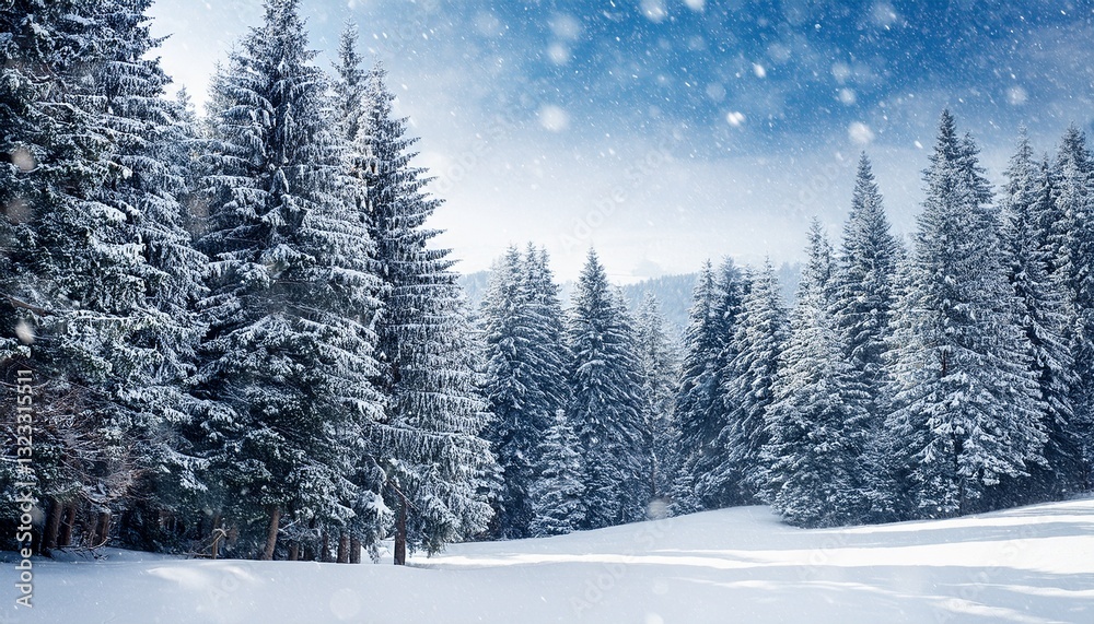 Fototapeta premium snowy winter wonderland with pine trees and falling snow